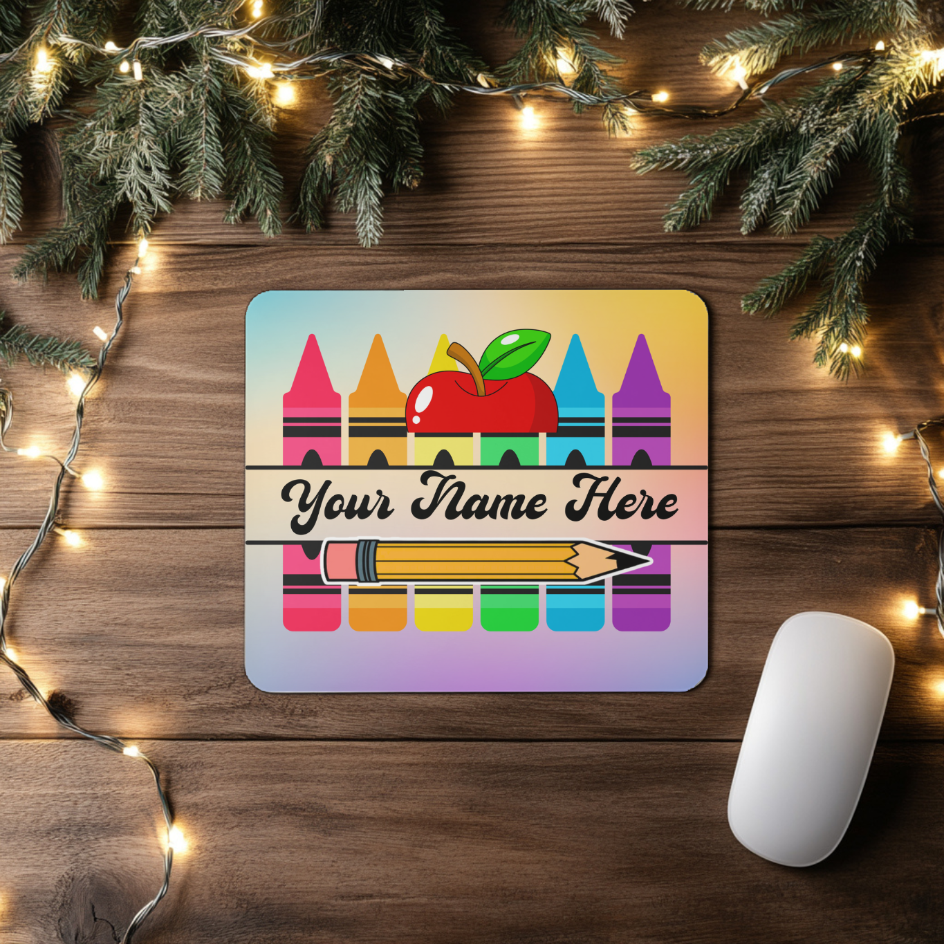 "Colorful Crayons ~n~ Apple" - Personalized Mouse Pad