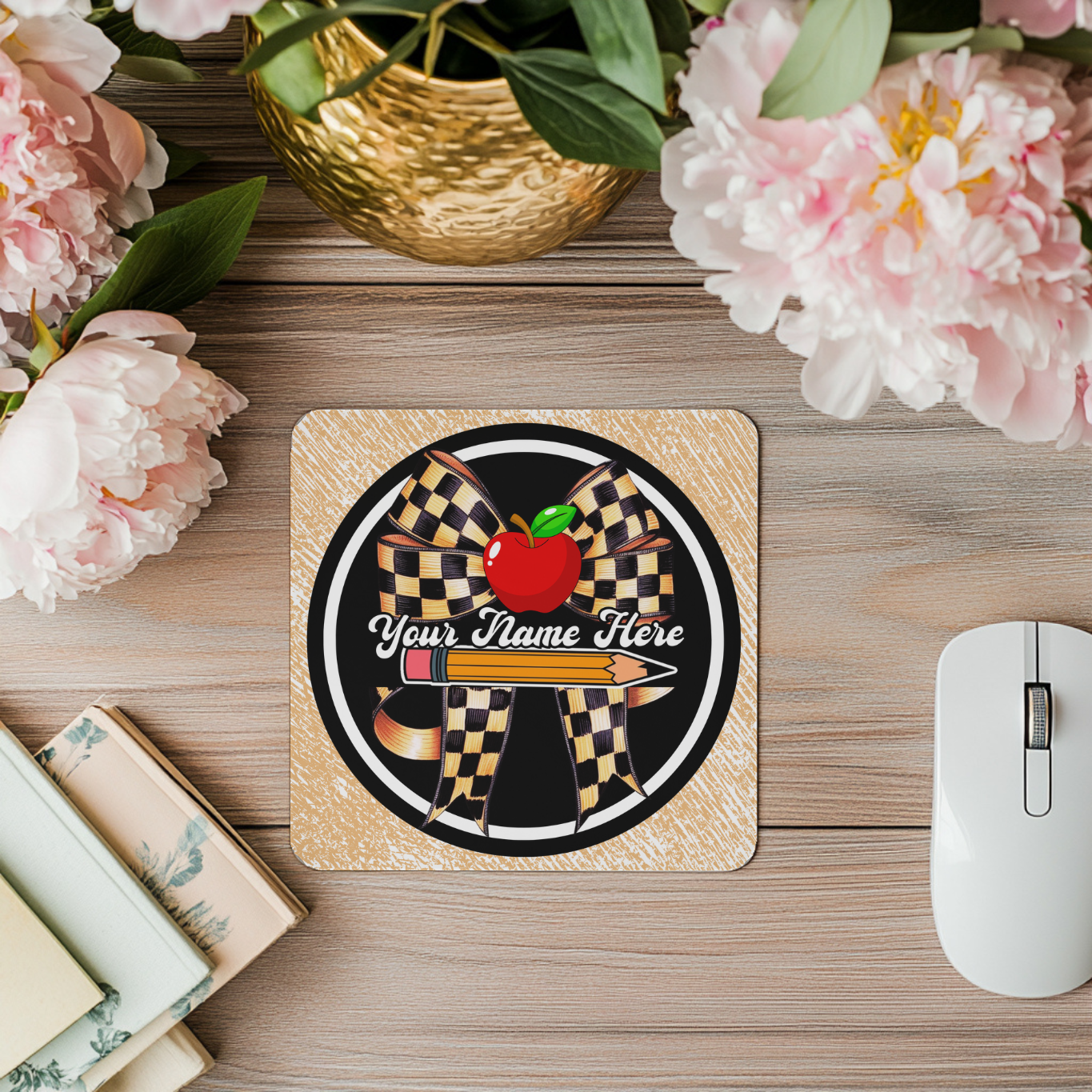 "Tan & Black Checkered ~n~ Apple" Personalized Mouse Pad