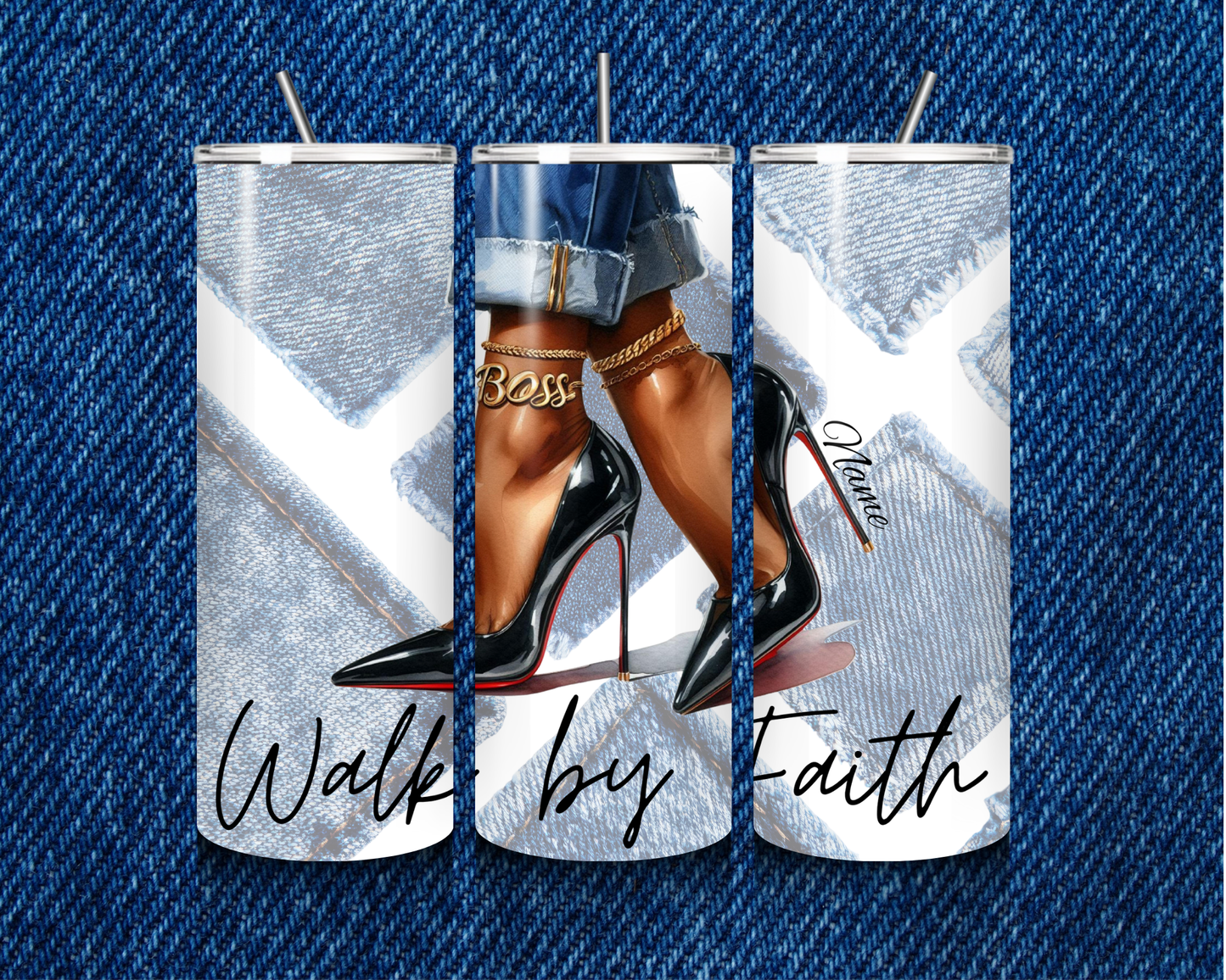 Personalized Denim "Walk by Faith" Crowned Tumbler