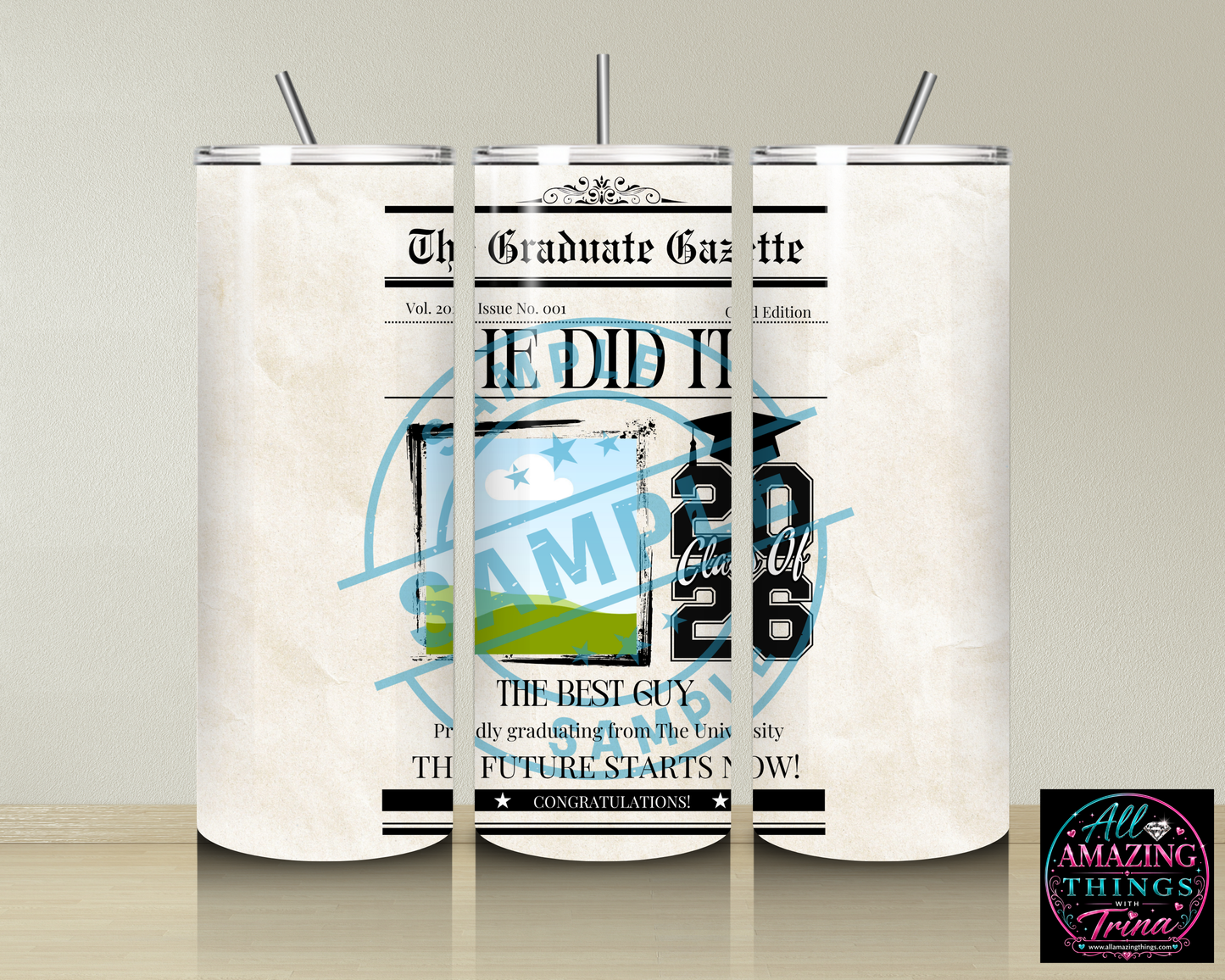 PERSONALIZED GRAD 2026 TUMBLER - NEWSPAPER STYLE