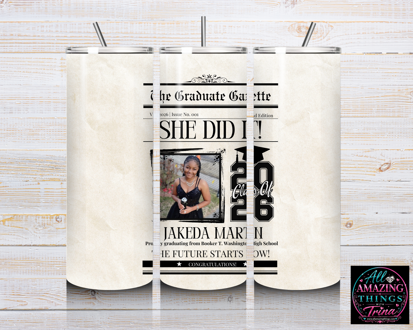 PERSONALIZED GRAD 2026 TUMBLER - NEWSPAPER STYLE