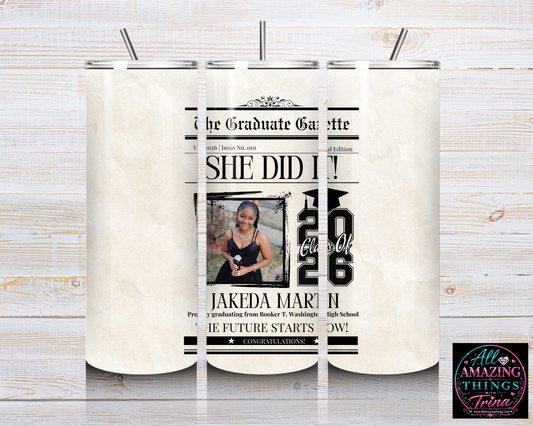 PERSONALIZED GRAD 2026 TUMBLER - NEWSPAPER STYLE