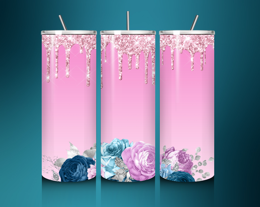 Pink Drip Blue Floral Tumbler